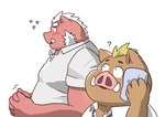 anthro blush clothing duo humanoid_hands kemono male overweight overweight_male question_mark shirt simple_background topwear white_background hon55728 mammal suid suine sus_(pig) wild_boar 2025 hi_res