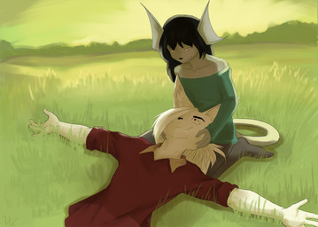 anthro clothed clothing duo female lying male romantic romantic_ambiance romantic_couple smile sunset wunderknodel adler_(wunderknodel) yukari_(wunderknodel) domestic_cat felid feline felis mammal 2016 digital_media_(artwork)