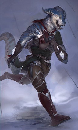 anthro armor blue_body boots clothed clothing dagger eyes_closed footwear forked_tongue holding_bag holding_melee_weapon holding_object holding_sword holding_weapon male male_anthro melee_weapon open_mouth red_tongue running shoes simple_background solo sword tongue tongue_out weapon white_body darkgem scalie hi_res