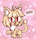 :3 ahoge alternate_species big_eyes black_nose blonde_hair chest_tuft dialogue exclamation_point female feral feralized fur glistening glistening_body glistening_eyes glistening_fur glistening_hair hair looking_at_viewer open_:3 open_mouth open_smile paws pink_background pupils raised_paw red_eyes red_pupils simple_background slit_pupils smile solo speech_bubble tail tan_body tan_fur tan_tail tongue tongue_heart tuft whiskers white_inner_ear powpink09 tsukihime type-moon neco-arc domestic_cat felid feline felis mammal 2023 aliasing artist_name digital_drawing_(artwork) digital_media_(artwork) hi_res signature