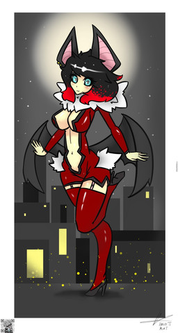 big_breasts black_hair blue_eyes breasts city clothing ear_piercing female hair legwear membrane_(anatomy) membranous_wings multicolored_hair navel piercing solo star thigh_highs two_tone_hair wings halotroll vampire absurd_res hi_res