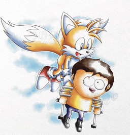 2_tails anthro black_nose blue_eyes bottomwear braces brown_hair clothed clothing disability duo footwear fully_clothed fur gloves hair handwear happy looking_at_another male multi_tail on_model open_mouth open_smile orange_body orange_fur pants shirt shoes smile tail tan_body tan_skin teeth tongue topwear white_body white_fur young mamonoworld comedy_central sega sonic_the_hedgehog_(series) south_park jimmy_valmer miles_prower canid canine fox human mammal 2026 crossover digital_media_(artwork) hi_res