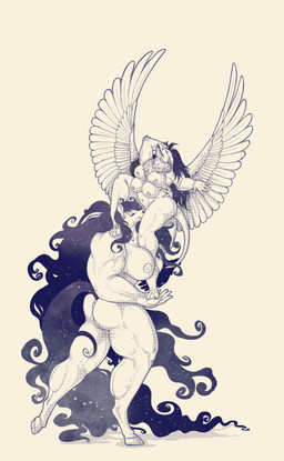 anthro duo feathers female female/female holding_character hyper mane muscular pose retro star dragonlovers natoli mythology avian equid equine gryphon horse mammal mythological_avian mythological_creature absurd_res hi_res pinup