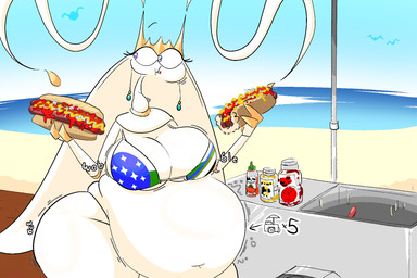 anthro beach belly belly_overhang big_belly big_breasts big_eyes bikini bloated blue_sky breasts chewing cleavage clothed clothing eating eating_food female flag_bikini food holding_food holding_hot_dog holding_object hot_dog huge_hips looking_aside navel outside overweight overweight_anthro overweight_female pokemorph purple_eyes sky solo sound_effects stuffing swimwear text thick_thighs two-piece_swimsuit white_body wide_hips blahblah866 nintendo pokemon phera_(blahblah866) arthropod generation_7_pokemon pheromosa pokemon_(species) ultra_beast 2024 3:2 digital_media_(artwork) hi_res