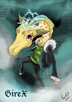 anthro barefoot blonde_mane bottomwear clothed clothing cloven_hooves feet green_clothing green_topwear grey_bottomwear grey_clothing grey_jacket grey_pants grey_topwear hooves jacket looking_at_viewer male mane mouth_closed pants red_eyes smoke solo standing topwear yellow_body penguinexperience giraffe giraffid mammal 2010 dated