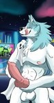 animal_genitalia animal_penis anime_style anthro balls big_penis billboard blue_body blue_eyes blue_fur canine_genitalia canine_penis city cityscape erection eyes_closed fluffy fur genitals glass green_body holding_knot_root holding_own_penis holding_penis inner_ear_fluff knot looking_away male muscular neck_tuft neon_lights nude penis red_eyes rib_cage slim solo tail terrace thick_thighs tongue tongue_out tuft white_body kitchidrachenblut brand_new_animal studio_trigger shirou_ogami canid canine canis mammal wolf digital_media_(artwork) hi_res