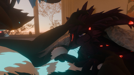 anthro black_body black_fur blue_body blue_fur claws duo fellatio fur glowing glowing_body glowing_fur horn male male/male oral penile pink_body pink_fur sex under_blanket white_body white_fur lukoatmos filefil luko_atmos rexouium wickerbeast hi_res