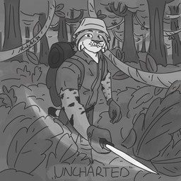 anthro backpack blade bucket_hat clothing collared_shirt countershade_face countershading fur gloves handwear hat headgear headwear male markings outside plant shirt solo spots spotted_body spotted_fur topwear vines ricky_arts inktober felid feline humanoid lynx mammal 1:1 2024 black_and_white monochrome signature