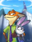 anthro building clothed clothing duo female fur gloves_(marking) green_eyes male male/female markings police purple_eyes shirt simple_background size_difference skyscraper smile teeth toony topwear uniform jurassiczalar disney zootopia judy_hopps nick_wilde canid canine fox lagomorph leporid mammal rabbit red_fox true_fox 2016 digital_media_(artwork)