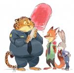 anthro beady_eyes candy clothing countershading dessert duo female food fur grey_body grey_fur lollipop long_ears male obese orange_body orange_fur overweight overweight_male police police_uniform size_difference standing uniform ganym0 disney zootopia benjamin_clawhauser judy_hopps nick_wilde canid canine cheetah felid feline fox lagomorph leporid mammal rabbit red_fox true_fox 2016