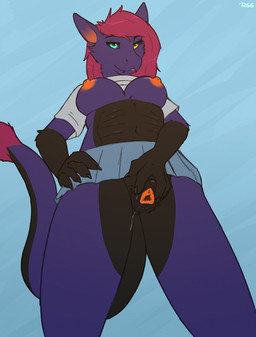 animal_genitalia animal_vulva anthro black_body black_claws black_scales black_teeth blue_background blue_bottomwear blue_clothing blue_eyes blue_skirt bodily_fluids bottomwear canine_genitalia canine_vulva claws clothed clothing fangs female fur genital_fluids genitals hair heterochromia low-angle_view microskirt miniskirt navel nipples no_underwear orange_inner_ear orange_nipples orange_vulva pink_body pink_fur pink_hair purple_body purple_fur scales shirt simple_background skirt solo spread_vulva spreading t-shirt tail tail_tuft teeth topwear tuft underbelly urethra vaginal_fluid_string vaginal_fluids vaginal_fluids_on_leg vaginal_fluids_on_vulva ventral_scales vulva white_clothing white_shirt white_topwear worm's-eye_view yellow_eyes ruth66 vaelophis_nyx 2025 digital_drawing_(artwork) digital_media_(artwork) hi_res