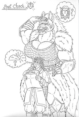anthro big_breasts big_muscles big_teeth bodily_fluids breasts critical_roll d20 dice drooling duo female freckles huge_breasts huge_muscles humor male male/female map muscular natural_1 saliva scale_armor scar size_difference under_breasts skianous dungeons_and_dragons forgotten_realms hasbro mythology where_is_chiikawa? wizards_of_the_coast canid canine half-elf half-orc mammal mythological_canine mythological_creature werecanid werecanine werecreature werewolf hi_res meme monochrome