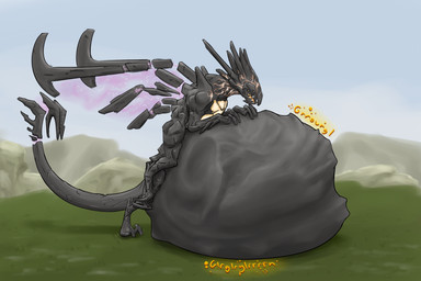 abdominal_bulge belly big_belly huge_belly male male_pred prey_outline rumbling_stomach same_size_vore vore splatapple 2k_games borderlands mythology terramorphous_the_invincible alien dragon monster mythological_creature mythological_scalie scalie 3:2