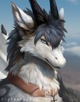 blue_eyes blurred_background cloud collar cross detailed_fur fluffy fur horn light outside sky solo white_body white_fur rhythmpopfox mythology dragon furred_dragon furred_scalie mythological_creature mythological_scalie scalie 2020 detailed hi_res lighting signature