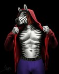 abs anthro black_background black_hair black_nipples bulge clothed clothing dreadlocks facial_hair goatee grin hair hoodie male manly muscular navel nipples open_clothing open_hoodie open_topwear pecs red_hair simple_background smile solo standing striped_body stripes topwear underwear underwear_only bgn jayden_(darkmuffin) equid equine mammal zebra 2024 4:5 absurd_res hi_res