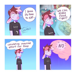 4_panel_comic anthro antlers brain brown_hair clothing dot_eyes fur hair half-closed_eyes heart_symbol horn humor inner_monologue male narrowed_eyes organs shirt simple_eyes solo t-shirt tan_body tan_fur tan_highlights text thinking thought_bubble topwear heresvix athens_(heresvix) deer mammal absurd_res comic english_text hi_res