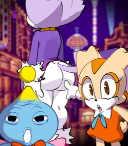 anthro big_butt blue_body bottomwear bow_tie brown_eyes butt clothing coat dress female footwear gesture gloves group hand_gesture handwear jewelry long_ears looking_at_viewer male necklace photo_background pointing question_mark shocked shoes tan_body topwear trio wings jellotsok sega sonic_the_hedgehog_(series) two_soyjaks_pointing blaze_the_cat cheese_the_chao cream_the_rabbit chao_(sonic) domestic_cat felid feline felis lagomorph leporid mammal rabbit meme photography_(artwork)