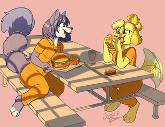 3_toes 4_fingers anthro barefoot bench black_nose blue_body blue_feet blue_fur blue_hair brown_eyes brown_nose burger container cup duo eating feet female fingers food fries fur furniture hair open_mouth open_smile prison_uniform shadow sitting smile table tail tail_motion tailwag toes tray yellow_body yellow_feet yellow_fur syniedraw animal_crossing nintendo star_fox isabelle_(animal_crossing) krystal_(star_fox) canid canine canis domestic_dog fox mammal 2026 hi_res signature