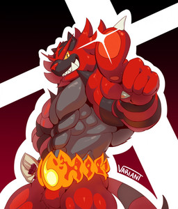 abs anthro anthrofied biceps biped blue_eyes fur gesture hand_gesture looking_at_viewer male muscular muscular_anthro muscular_male pecs pointing pointing_at_viewer pokemorph red_body red_fur sharp_teeth simple_background solo teeth yellow_sclera viridianvariant nintendo pokemon generation_7_pokemon incineroar mammal pokemon_(species) hi_res unavailable_at_source