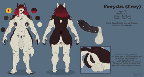 anthro balls big_balls big_breasts big_butt big_penis breasts butt genitals gynomorph intersex occult_symbol penis pentagram pentagram_tattoo piercing solo stated_age stated_height stated_pronouns symbol tattoo text wide_hips yaramoshi_satoshi canid canine canis mammal wolf absurd_res english_text hi_res model_sheet