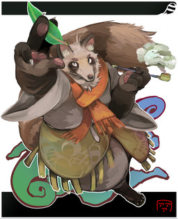 anthro clothed clothing humanoid_hands leaf male simple_background slightly_chubby smoking solo a_a_a303 canid canine mammal raccoon_dog tanuki 2015