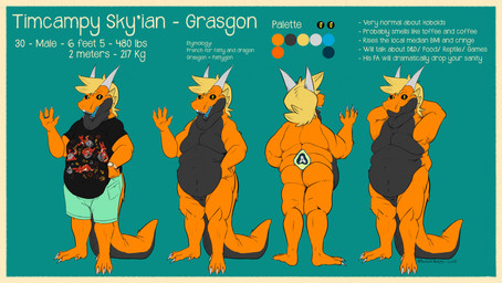 anthro belly big_belly big_moobs big_tail black_body blonde_hair blue_mouth fat_rolls hair happy horn male moobs multicolored_body navel nude open_mouth orange_body overweight overweight_anthro overweight_male smile smiling_at_viewer solo tail thick_tail timcampy yellow_eyes timcampy_(artist) mythology dragon mythological_creature mythological_scalie scalie 2025 digital_media_(artwork) hi_res model_sheet