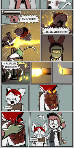 4_fingers anthro begging_for_mercy blue_eyes bottomwear breasts buckteeth burn_scar burning burning_alive camping cleaning_tool clenched_teeth clothed clothing constricted_pupils cybernetic_arm cybernetic_limb cybernetics dark_humor death disgust eyeless eyewear face_shield female fingers flamethrower footwear glasses gore hair helpless hoodie humor infestation insult itching jacket killing machine male malpractice mask mop natural_breasts nipples pain parasite pupils ranged_weapon red_hair restrained ryona scar scared screaming severe_wound shoes skirt small_pupils suffering teeth topless topless_female topwear trypophobia weapon welding_mask wounded e254e dr._emilia_(e254e) emil_(e254e) arthropod canid canine cyborg domestic_cat felid feline felis fox insect lagomorph larva leporid maggot mammal rabbit absurd_res comic hi_res