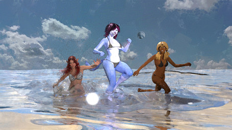 anthro beach bikini blue_sky bright clothing cloud female group humanoid_pointy_ears outside pointy_ears reflection sky swimwear triangle_bikini trio two-piece_swimsuit water perturbedmania natalie_whitlow canid canine canis domestic_dog elf human humanoid jackal mammal 3d_(artwork) collage_(artwork) digital_media_(artwork) hi_res