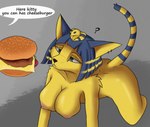 all_fours animal_crossing ankha_(animal_crossing) anthro archerteamr_artist areola big_breasts biped blue_hair breasts burger butt digital_media_(artwork) domestic_cat ear_piercing ear_ring felid feline felis female female_anthro food fur hair hi_res humor i_can_has_cheezburger? mammal markings meme nintendo nipples nude piercing ring_piercing simple_background solo striped_markings striped_tail stripes tail tail_markings text uraeus yellow_body yellow_inner_ear