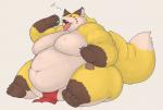 ambiguous_gender anthro belly big_belly big_tail biped blush chubby_cheeks claws clothed clothing double_chin eating eyes_closed fur morbidly_obese morbidly_obese_ambiguous morbidly_obese_anthro obese obese_ambiguous obese_anthro open_mouth overweight overweight_ambiguous overweight_anthro simple_background sitting smile solo tail thick_thighs toe_claws tongue tongue_out topless white_background yellow_body yellow_fur gabu2929 canid canine fox mammal 2018 absurd_res digital_media_(artwork) hi_res