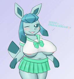 anthro areola areola_slip asian_clothing big_breasts blue_body blue_fur blush bottomwear breasts clothing dialogue east_asian_clothing fangs female fur green_bottomwear green_clothing green_skirt japanese_clothing japanese_school_uniform looking_at_viewer miniskirt navel one_eye_closed school_uniform serafuku skirt solo teeth text under_boob uniform wink winking_at_viewer cinnachurroz nintendo pokemon eeveelution generation_4_pokemon glaceon pokemon_(species) 2024 hi_res japanese_text