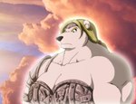 anthro armor big_breasts bikini_armor blonde_hair breastplate breasts cloud female fur glowing hair muscular muscular_anthro muscular_female solo unconvincing_armor white_body white_fur xxsparcoxx european_mythology mythology norse_mythology sif_(mythology) sif_(xxsparcoxx) bear mammal polar_bear ursine 2017 digital_media_(artwork)