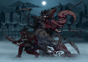 anthro black_body black_clothing black_fur blood bodily_fluids body_horror claws clothing dusk fangs fog fur gore gothic_architecture grey_body grey_fur gun hat headgear headwear horn hunter interdimensional kerchief long_tongue male manifesting markings melee_weapon moon multi_eye multi_limb night polearm ranged_weapon red_kerchief scythe shotgun teeth tongue weapon hyde451 bloodborne cthulhu_mythos fromsoftware h._p._lovecraft mythology sony_corporation sony_interactive_entertainment duskhound the_hunter_(bloodborne) beast_(bloodborne) canid canid_demon canine canis demon hellhound hound_of_tindalos mammal monster mythological_canine mythological_creature werecanid werecanine werecreature werewolf wolf invalid_tag absurd_res hi_res