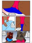 anthro bottomwear brown_hair canid canine canis clothed clothing comic domestic_dog duo_focus female group hair la_venta low_res mammal panties por_furryart skirt spanish_text text translated underwear upskirt