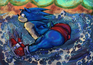 anthro bottomwear butt clothing footwear green_hill_zone grin looking_at_viewer looking_back male red_bottomwear red_clothing red_shorts running shoes shorts smile solo water chiguibara sega sonic_the_hedgehog_(series) sonic_the_hedgehog eulipotyphlan hedgehog mammal hi_res tagme
