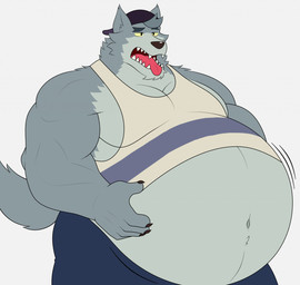 anthro belly big_belly black_nose bloated clothing fur grey_body grey_fur hat headgear headwear male muscular muscular_male obese obese_anthro obese_male open_mouth overweight overweight_anthro overweight_male sharp_teeth shirt solo tank_top teeth tongue tongue_out topwear yellow_sclera hidi cartoon_network we_baby_bears we_bare_bears wolf_(we_baby_bears) canid canine canis mammal wolf hi_res
