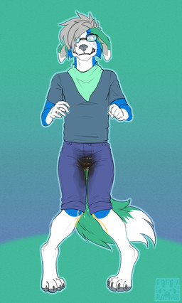 anthro bodily_fluids clothed clothing front_view genital_fluids male omorashi peeing solo urine watersports wetting angry_platypus australian_shepherd canid canine canis domestic_dog herding_dog mammal pastoral_dog sheepdog hi_res