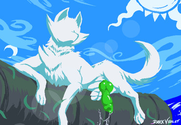 animal_genitalia animal_penis bodily_fluids canine_genitalia canine_penis cloud day erection feral fur genital_fluids genitals green_penis knot knotted_penis lying male on_ground outside pawpads paws penis precum sky solo sun tail water white_body white_fur white_tail dark_violet homestuck ms_paint_adventures becquerel canid canine mammal 2025 absurd_res digital_drawing_(artwork) digital_media_(artwork) hi_res