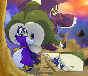 anthro anus balls big_butt butt butt_press clenched_teeth clothed clothing duo ear_piercing ear_ring eyes_closed fangs footwear fur genitals laugh male muzzle_in_anus open_mouth piercing raised_tail ring_piercing shoes tail teeth tongue wide_eyed reagan700 dragon_ball dragon_ball_super fan_character majora_(dragon_ball) canid canine fox mammal 2026 hi_res