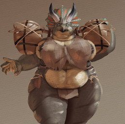 2_horns 5_fingers anthro areola areola_slip barrel belly big_belly big_breasts black_areola bottomwear breasts clothing crop_top eyes_closed facial_horn female female_anthro fingers grey_body holding_object horn huge_breasts huge_thighs humanoid_hands loincloth low-angle_view midriff navel non-mammal_breasts non-mammal_navel nose_horn open_mouth overweight overweight_anthro overweight_female shirt simple_background solo tan_body thick_thighs topwear perotoart ceratopsian ceratopsid chasmosaurine dinosaur marginocephalian ornithischian prehistoric_species reptile scalie triceratops