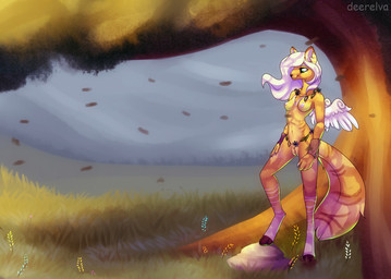 anthro blonde_hair breasts brown_body brown_fur detailed_background female fur genitals green_eyes hair long_hair nature nipples nude solo vulva wings conditional_dnp elvche domestic_cat felid feline felis mammal 2017 digital_media_(artwork) source_request