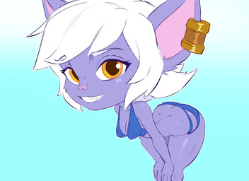 animal_nose bent_over big_ears blue_background blue_clothing blue_swimwear breasts butt clothing ear_piercing eyelashes female front_view fur hair humanoid_pointy_ears looking_at_viewer orange_eyes piercing pointy_ears purple_body purple_fur short_hair simple_background smile solo swimwear thick_thighs white_hair wide_hips ravencat league_of_legends riot_games tencent tristana_(lol) humanoid yordle 11:8 absurd_res hi_res