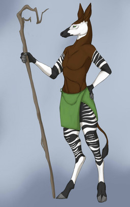 5_fingers anthro black_body black_fur bottomwear brown_body brown_fur clothed clothing fingers fur green_eyes hand_on_hip holding_object hooved_fingers hooves horn loincloth male multicolored_body multicolored_fur ossicone simple_background solo staff standing striped_body striped_fur stripes white_body white_fur lizet illah_oakridge giraffid mammal okapi hi_res