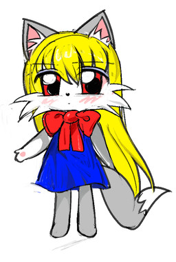 anthro bangs barefoot blonde_hair blue_clothing blue_dress blush cheek_tuft chibi clothing dipstick_tail dress eyebrow_through_hair eyebrows eyeshadow facial_tuft feet female fur grey_body grey_fur hair inner_ear_fluff kemono long_hair makeup markings neck_bow pawpads pointy_ears prick_ears red_eyes simple_background sleeveless_dress solo standing tail tail_markings translucent translucent_hair tuft white_background yogurt200 canid canine fox mammal sketch