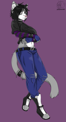 anthro choker clothing female fur grey_body grey_fur jewelry nails necklace pink_nose solo white_body white_fur allartskye evelyne_(allartskye) domestic_cat felid feline felis mammal hi_res