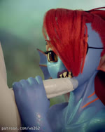 anthro bite blue_body blue_skin duo erection eye_patch eyewear female genitals hair human_on_anthro interspecies long_hair looking_up male male/female nude open_mouth penis penis_bite penis_grab red_hair sharp_teeth teeth text yellow_eyes wo262 undertale undertale_(series) undyne fish human mammal marine 2018 3d_(artwork) 3d_animation 4:5 animated digital_media_(artwork) english_text hi_res no_sound short_playtime webm