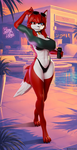 4_toes anthro barefoot beverage big_breasts bikini bikini_bottom bikini_top blue_eyes breasts claws clothing collar digitigrade eyewear feet female finger_claws glasses green_clothing green_shirt green_topwear gta_6 hair long_hair looking_at_viewer looking_down medium_breasts medium_butt neon paws plant pose poster red_body red_eyes red_hair shirt solo swimming_pool swimwear tail text toes topwear tree two-piece_swimsuit white_body diegothewolf seriuswolf seriuswolf_(modeler) grand_theft_auto grand_theft_auto_vi rockstar_games diana_(diegothewolf) canid canine canis mammal wolf 3d_(artwork) absurd_res blender_(artwork) blender_cycles_(artwork) cover digital_media_(artwork) english_text hi_res pinup