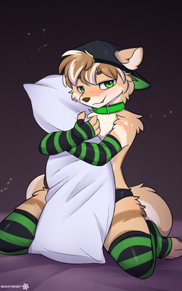 anthro arm_warmers armwear backwards_baseball_cap backwards_cap backwards_hat baseball_cap blush briefs clothing collar cute_fangs fangs femboy footwear gradient_background green_eyes hair hair_through_hat hat headgear headwear hug hugging_object hugging_pillow kneeling leg_warmers legwear looking_at_viewer male panties pillow simple_background socks solo tail teeth underwear snowybark adrian_(snowstormbat) mammal mustelid otter 5:8 absurd_res hi_res