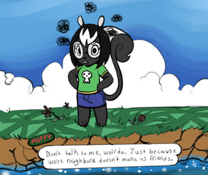 alternate_species anthro black_body black_fur bottomwear clothing dialogue eyewear female fur glasses hands_on_hips skirt skull_shirt solo text white_body white_fur yotomoe animal_crossing nintendo muffy_(yotomoe) mammal mephitid skunk 2020 english_text hi_res