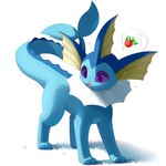 ambiguous_gender berry blue_body blue_skin cheri_berry fangs feral food fruit grass open_mouth paws plant pokemon_berry purple_eyes question_mark simple_background solo sparkles tail teeth thought_bubble tongue plattyneko nintendo pokemon eeveelution generation_1_pokemon pokemon_(species) vaporeon 1:1 2025 absurd_res hi_res